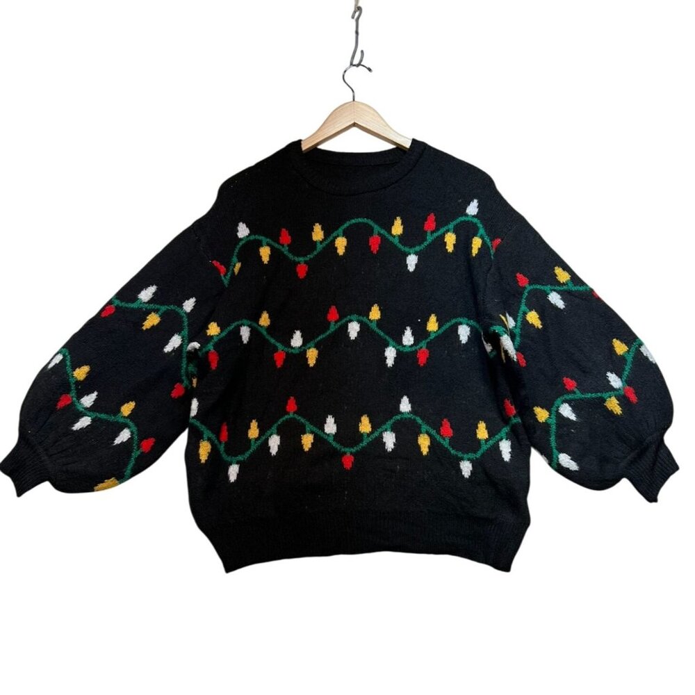 Chicwish Christmas Lights Holiday Sweater Black Multicolor Pullover Womens